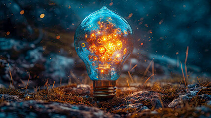 Poster - Conceptual image with lightbulb with moving gears as a symbol of an idea on dark background
