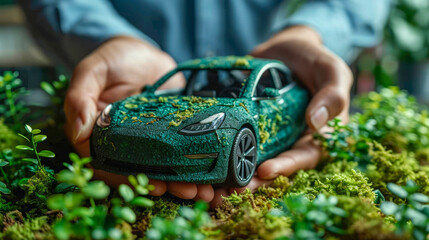 Wall Mural - Close-up eco environmentally friendly miniature green car electric car with trees and plants of a in the hands