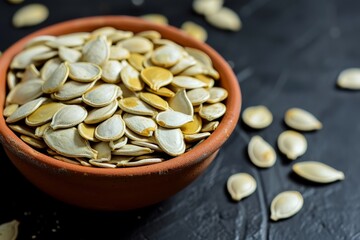 Wall Mural - Pumpkin seeds in a small bowl on black background.