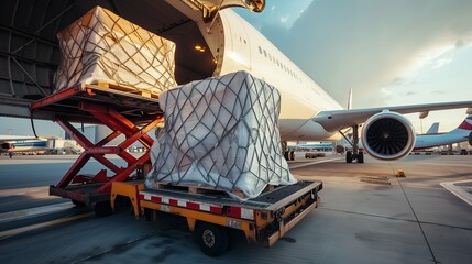 Wall Mural - Truck with luggage on the tarmac of the airport in the evening