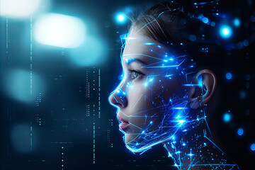 Poster - Portrait of a futuristic android woman with advanced technology data overlay