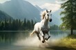 Majestic horse running beside serene lake amidst stunning natural landscape. Generative AI