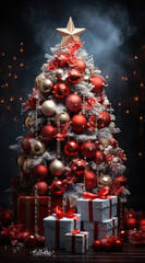 Poster - Christmas Tree with Christmas and New Year Gift Boxes in the Room extreme closeup. Generative AI