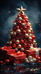 Poster - Christmas Tree with Christmas and New Year Gift Boxes in the Room extreme closeup. Generative AI