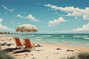 Leinwandbilder - Modern Beach Chairs with Umbrella on a Sand Ocean Beach extreme closeup. Generative AI