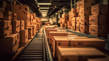 Aufkleber - Logistics Concept. Parcel Boxes on a Logistics Conveyor Belt extreme closeup. Generative AI