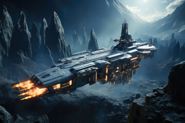 Poster - Futuristic Spaceship Exploring a Distant Alien Planet extreme closeup. Generative AI