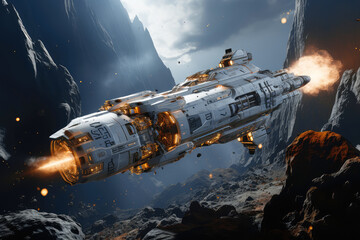 Poster - Futuristic Spaceship Exploring a Distant Alien Planet extreme closeup. Generative AI