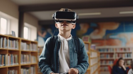Poster - A young boy is immersed in a virtual reality experience while in a library. This image can be used to showcase the integration of technology and learning