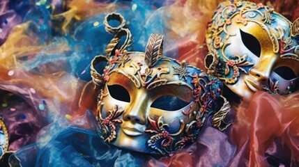 Poster - Two masks are seen up close on a cloth. This image can be used to represent theater, drama, or masquerade events