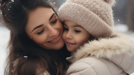 Poster - A woman and a little girl standing in the snowy landscape. Perfect for winter-themed projects