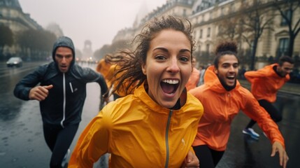 Poster - People running together in the rain. Suitable for outdoor activities and team building concepts