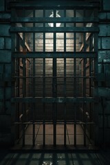 Poster - A jail cell with an open door in a dark room. Can be used to depict incarceration, imprisonment, or escape themes