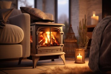 Poster - A cozy living room with a wood burning stove. Perfect for creating a warm and inviting atmosphere. Ideal for home decor or interior design projects