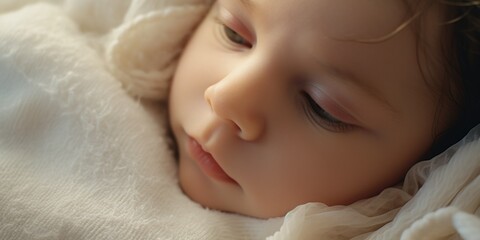 Aufkleber - A close up view of a peacefully sleeping baby on a soft blanket. Perfect for capturing the innocence and serenity of a newborn. Ideal for baby product advertisements or parenting articles
