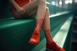 A woman sitting on a bench wearing red shoes. Can be used for fashion, lifestyle, or urban scenes