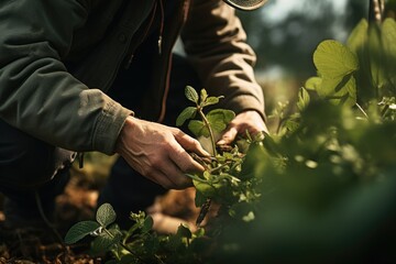 Poster - A person is seen picking a plant in a field. This image can be used to represent gardening, agriculture, or nature