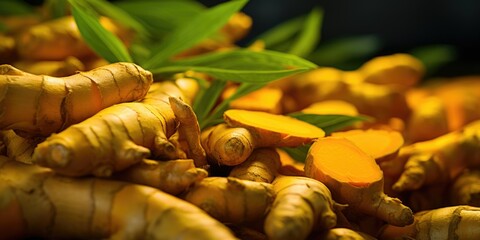 Poster - A close up view of a pile of sliced ginger. This image can be used for culinary blogs, recipes, and health-related articles