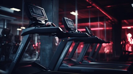 Poster - Row of tread machines in a gym. Ideal for fitness and exercise concepts