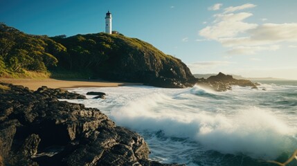 Leinwandbilder - A picturesque lighthouse situated on a hill overlooking the beautiful ocean. Perfect for coastal landscapes or maritime themes