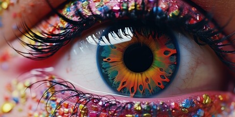 Poster - A close-up view of a person's eye adorned with sparkling glitter. This captivating image can add a touch of glamour and allure to any project or creative endeavor