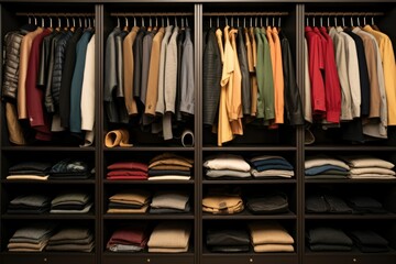 Poster - A closet filled with an assortment of shirts in various vibrant colors. Perfect for fashion designers, clothing stores, or anyone looking to add a pop of color to their wardrobe