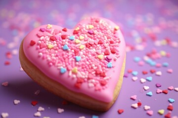 Sticker - A delicious pink heart shaped cookie with colorful sprinkles on a vibrant purple surface. Perfect for Valentine's Day or any sweet occasion