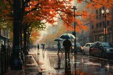 Poster - A painting depicting a group of people walking down a street while holding umbrellas. Suitable for various projects requiring an urban or rainy day theme