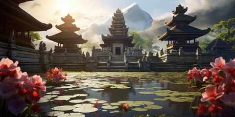 Aufkleber - A picturesque pond filled with clear water, surrounded by a vibrant bunch of flowers. Perfect for adding a touch of beauty and tranquility to any project