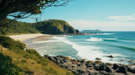 Poster - A scenic view of a beach with rocks and water. Suitable for travel and nature-themed projects