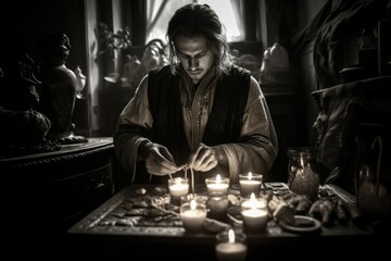 Poster - A man sitting at a table with candles. Suitable for various themes and occasions