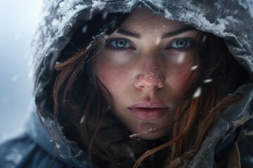 Poster - A woman wearing a hooded jacket standing in the snow. Suitable for winter themes and outdoor activities