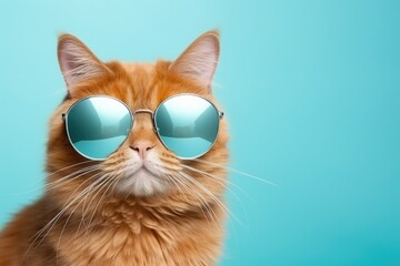 Poster - An orange cat wearing sunglasses on a blue background. Perfect for summer-themed designs and pet-related projects