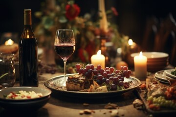 Aufkleber - A picture of a plate of food and a glass of wine on a table. Suitable for restaurant menus or food and beverage promotions
