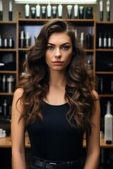 Poster - A woman standing in front of a shelf filled with various hair products. This image can be used to showcase hair care products or to illustrate a beauty routine