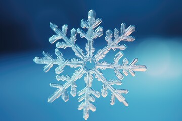 Poster - A detailed view of a snowflake on a vibrant blue background. Perfect for winter-themed designs and holiday decorations