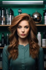 Poster - Woman standing in front of a shelf filled with various hair products. This image can be used to showcase a wide range of hair care products and options