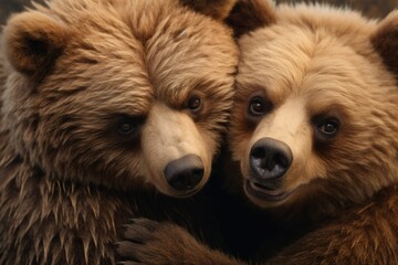 Poster - Two brown bears embracing each other. Suitable for wildlife or nature-related projects