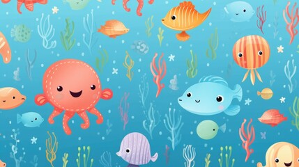 Poster - A group of cartoon sea animals swimming in the ocean. Perfect for educational materials or children's book illustrations