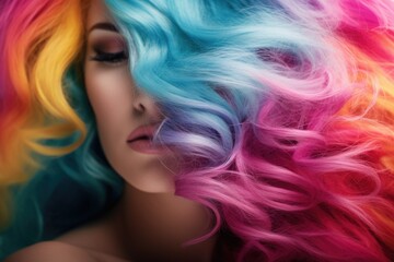 Poster - A close-up view of a woman with vibrant and colorful hair. Perfect for adding a pop of color and uniqueness to any project or design