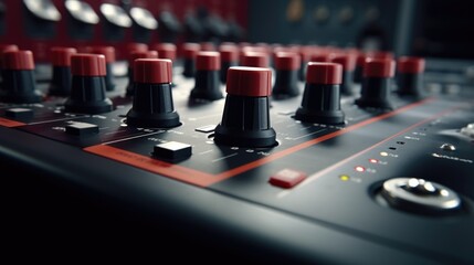 Aufkleber - A detailed view of a sound board featuring red knobs. This image can be used to illustrate music production, audio engineering, or sound mixing concepts