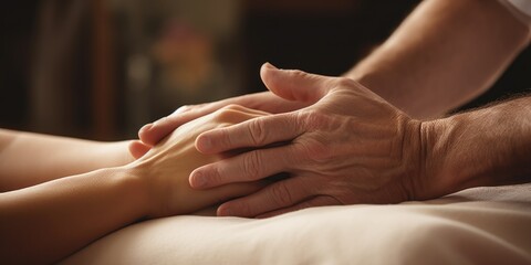 Aufkleber - A picture of a man and a woman holding hands on a bed. Suitable for romantic or intimate themes