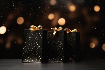 Poster - Three black gift bags with elegant gold bows. Perfect for any special occasion or celebration