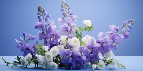 Poster - A bunch of purple and white flowers on a blue surface. Can be used for various floral themes and designs