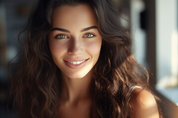 Poster - A woman with long brown hair smiling at the camera. Suitable for various uses