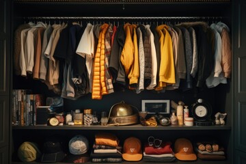 Poster - A closet filled with a variety of clothes and hats. Perfect for fashion-related projects and wardrobe inspiration