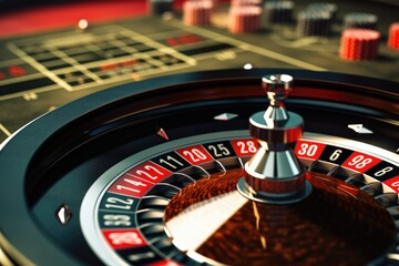 Poster - A close-up view of a casino roulette wheel on a table. Perfect for illustrating the excitement and glamour of the casino scene