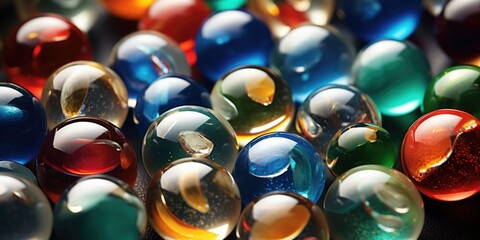 Poster - A collection of glass marbles arranged neatly on a table. Perfect for various creative projects and designs