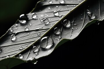 Poster - A detailed view of a leaf covered in sparkling water droplets. Perfect for nature-themed designs and advertisements