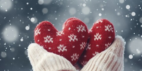 Poster - A person is holding a pair of red mittens in the snow. Perfect for winter-themed projects